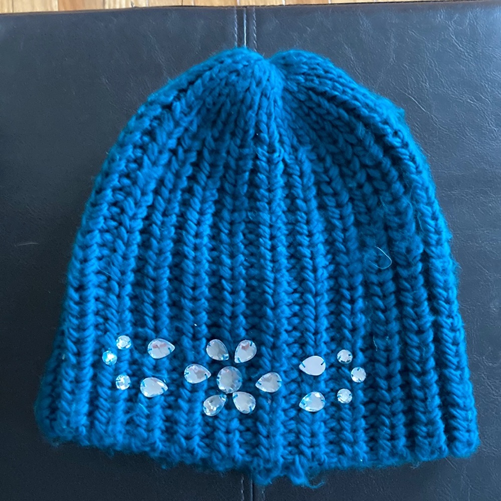 Dark teal winter hat with crystal embellishment